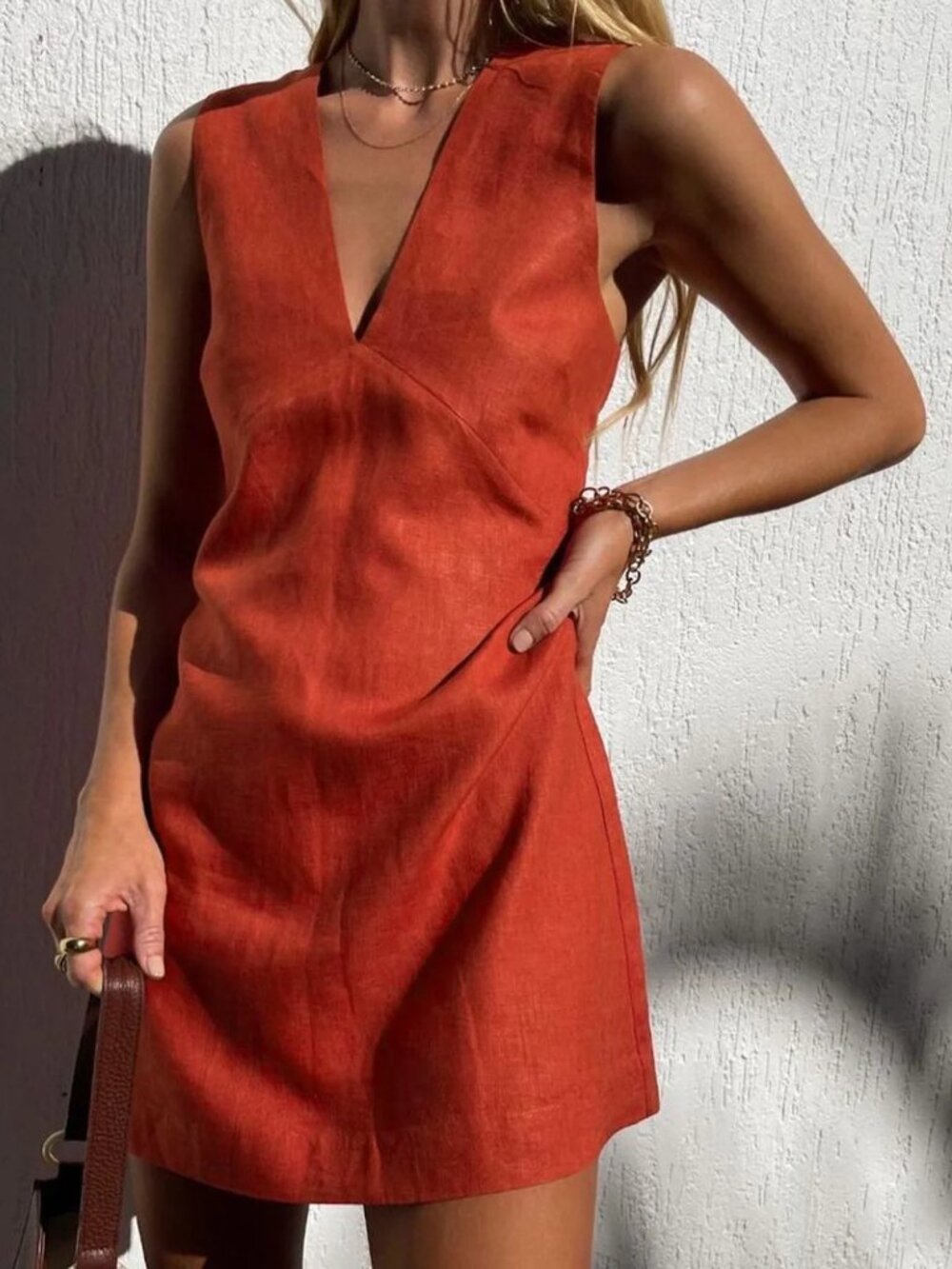 Cotton & Linen V-Neck Short Dress - Commense